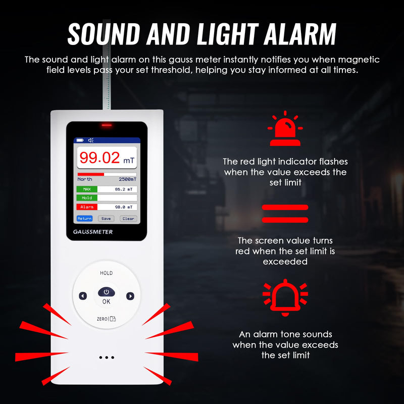 [Australia - AusPower] - Digital Gauss Meter Tesla Meter, Professional Magnetic Field Tester with 0-25000 Gs (0-2500 mT) Range, HD Color Display Rechargeable N/S Pole Detection Data Storage for Magnets Motors & Industrial Use 