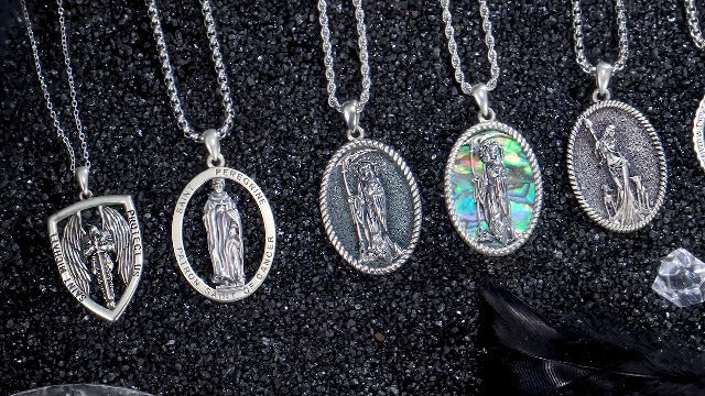 YAFEINI Sterling Silver Santa Muerte/St Peregrine/Hecate/Goddess/Virgin Mary/St Christopher/St Michael/St Jude Necklace Religious Mother's Day Jewelry for Women Mom Men Unisex St Peregrine Abalone