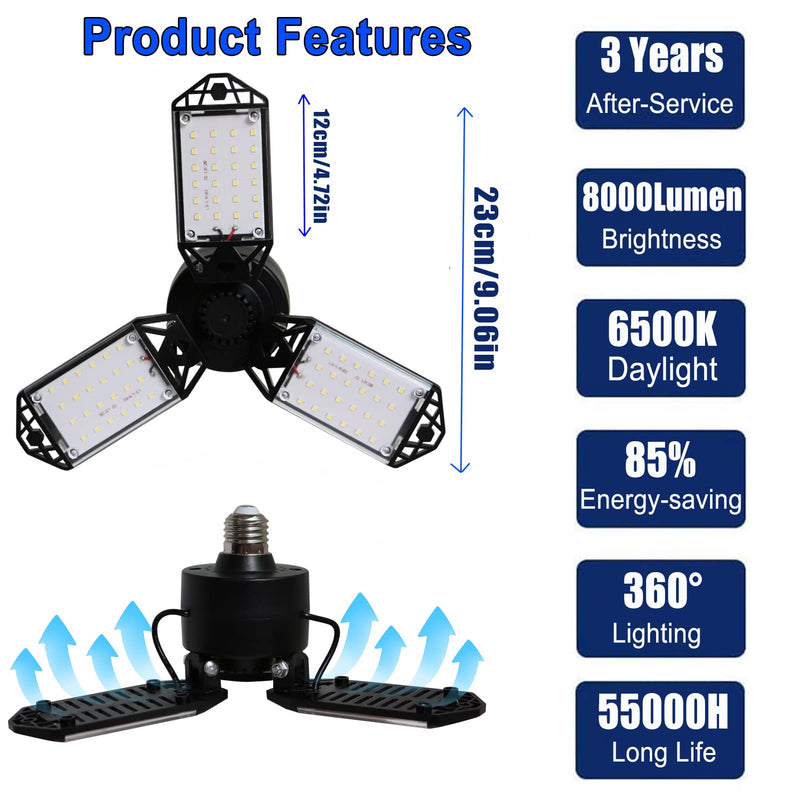 [Australia - AusPower] - LED Garage Light, 80W 8000 Lumen LED Garage Ceiling Lights with 3 Adjustable Panels E26/E27 LED Shop Lights, 6500K Daylight Light Bulb Fixture LED Lights for Garage, Workshop, Attic, LED Bay Light 80W 1Pack 