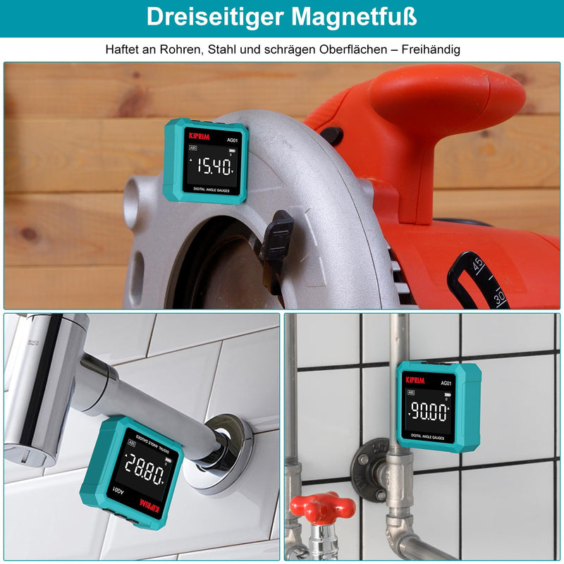 Kiprim AG01 Digital Inclinometer with Magnetic Base | 3-sided magnetic base, LCD backlight, absolute and relative measurement, suitable for construction and woodwork