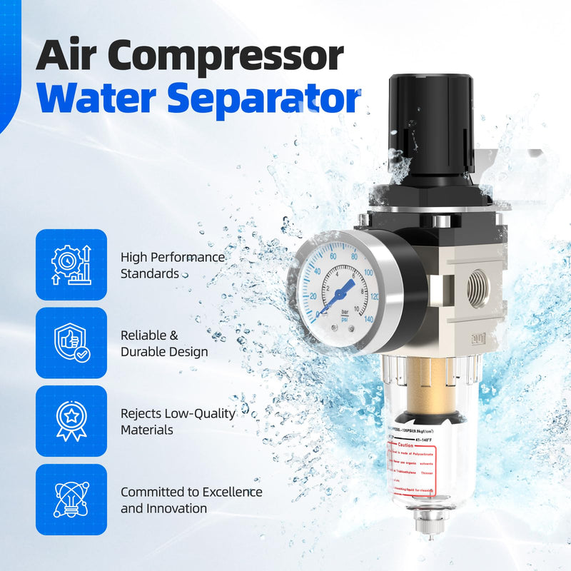 [Australia - AusPower] - Air Pressure Regulator, Hoodutric 1/4 Inch Air Compressor Water Separator with Pressure Gauge Manual Drain Valve Ball Valve and Mounting Bracket - AW2000-02 