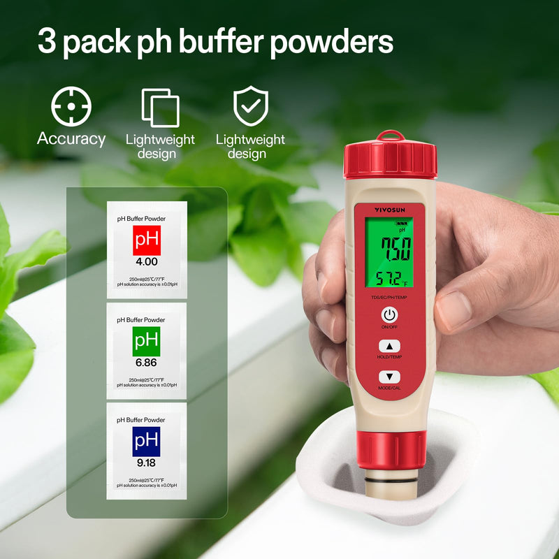 [Australia - AusPower] - VIVOSUN 4-in-1 Digital pH Meter with pH/TDS/EC/Temp Function, 0-14.0 pH Measurement Range, ±0.1 pH Accuracy Water Quality Tester for Hydroponics, Household Drinking, and Aquarium Red 