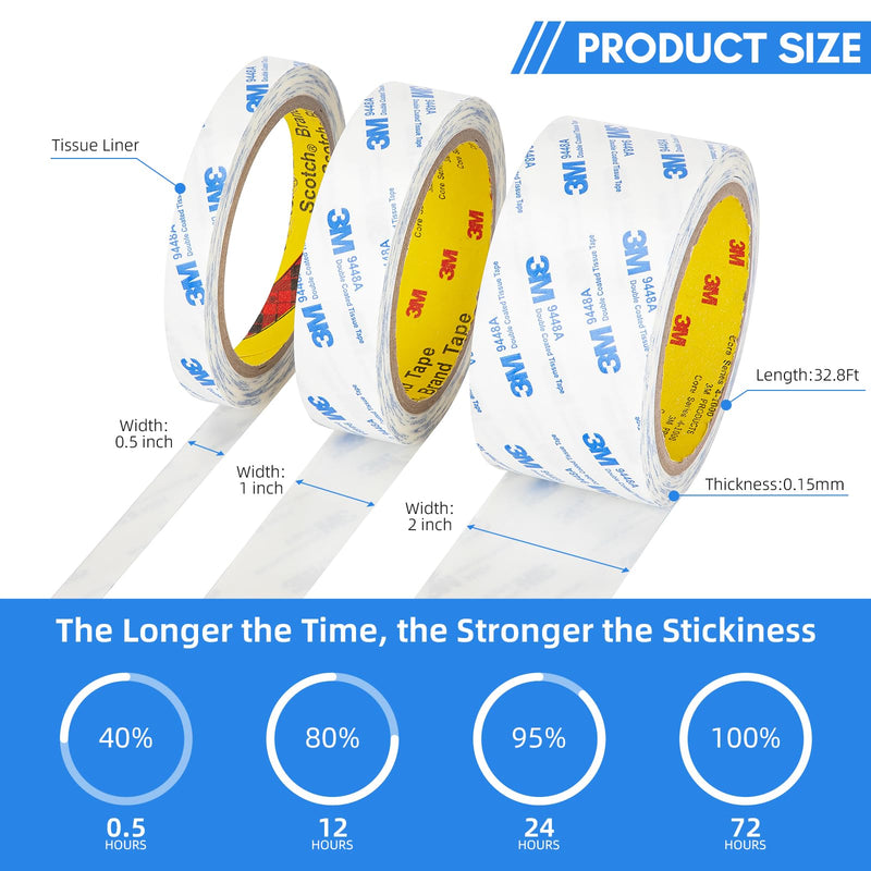 [Australia - AusPower] - 3M Double Sided Tape 1"×32.8Ft 2 Pack 9448A Double Coated Tissue Tape Adhesive Sticky Tape Translucent Removable for Foam Art Craft Nameplate Bonding 1" 