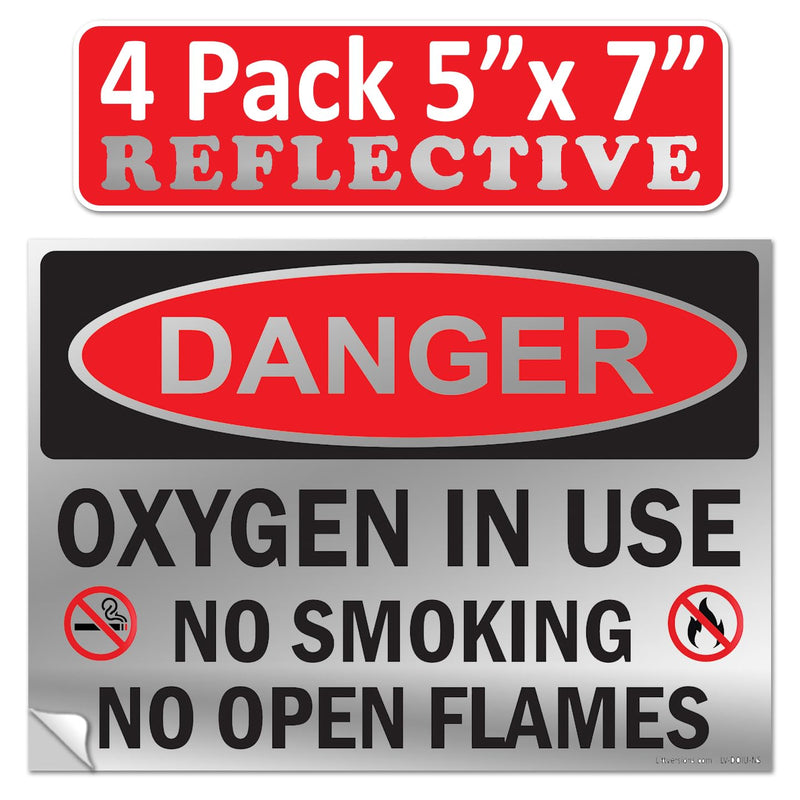5 Pack 5"x7" Reflective Danger Oxygen in Use No Smoking No Open Flames OSHA Warning Safety Hazard Label Sign Decal 6 mil Laminated Engineer Grade UV Protected ANSI NFPA 42664 5" x 7" Reflective Laminated