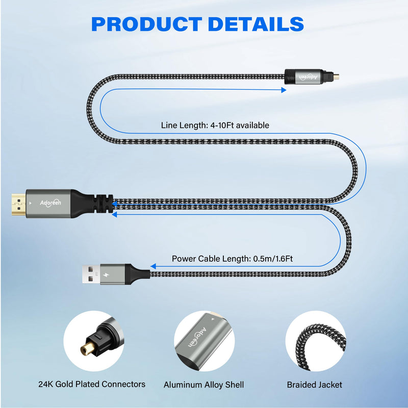 Unidirectional 192KHz HDMI ARC/eARC to Optical Toslink SPDIF Audio Extractor Splitter Converter Cable 4 Ft, USB Powered Digital Adapter for HDTV to Soundbar Home Theater Amplifier Old Speaker 4FT