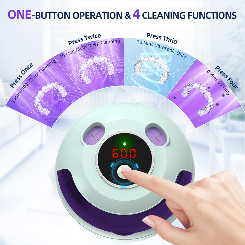 [Australia - AusPower] - Ultrasonic Retainer Cleaner, Retainer Cleaner for Dentures, Mouth Guards, Braces, Toothbrush Heads, Jewelry with UV-C Cleaner, 45kHz Ultrasonic, 4 Mode Ultrasonic Cleaner Machine (Green) Green 