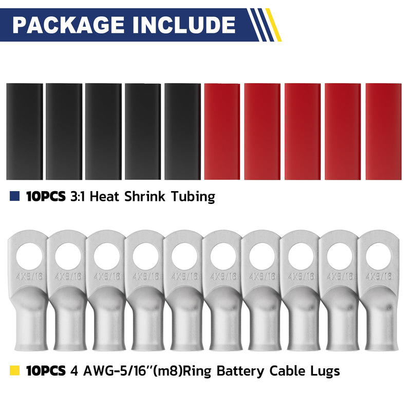 [Australia - AusPower] - haisstronica 10pcs 4 AWG - 5/16" (M8) Tinned Copper Battery Lugs, Heavy Duty Copper Wire Lugs with 10pcs 3:1 Adhesive Heat Shrink Tubing, 4 Gauge Wire Lugs, Tinned Copper Battery Cable Ends 4 AWG- 5/16" (M8) Ring 