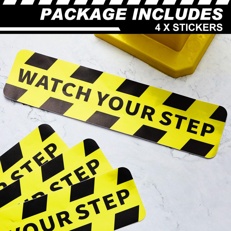 Fulmoon 4 Pcs 20 x 5 Inch Watch Your Step Stickers Tape, Watch Your Step Sign, Self Adhesive Anti Slip Water Resistance Decals Caution Vinyl Decal for Safety Indoor Outdoor Workplace Wet Floor