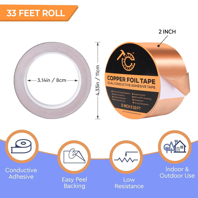 Conductive Pure Copper Tape (2INCH*33FT) Double Sided Adhesive Copper Foil Tape for Stained Glass, Guitars, EMI Shielding, Electric Connections, Repairs, Grounding, Craft 2INCH*33FT 1