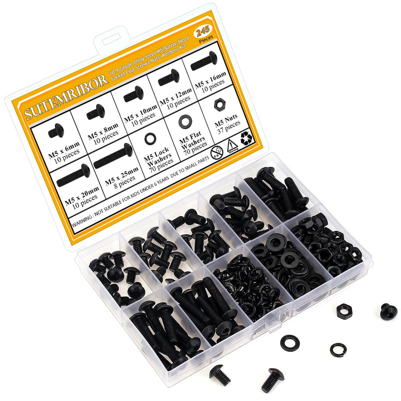 [Australia - AusPower] - 245 Pieces M5 Screws Nuts Washers Set Black, Sutemribor M5 x 6/8/10/12/16/20/25mm Button Head Socket Cap Screws Nuts Washers Assortment Kit, 10.9 Grade Alloy Steel, Fully Threaded 