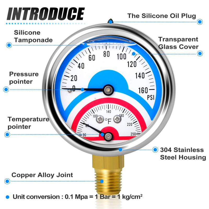 [Australia - AusPower] - MEANLIN MEASURE 2PCS 0-160Psi Stainless Steel Thermal Pressure Gauge 30-250℉ 1/4" NPT 2.5" FACE DIAL Liquid Filled Pressure Gauge, with 1/2" NPT and 3/8" NPT Hex Bushing, Lower Mount Liquid Filled/2PCS 