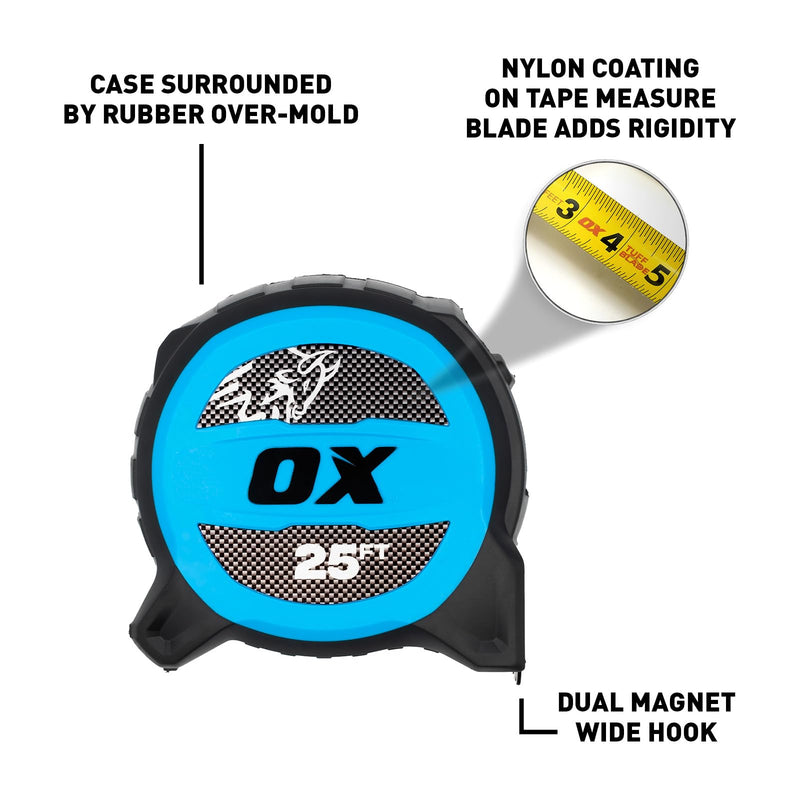 [Australia - AusPower] - OX Tools Tuff Blade 25 ft Shock Proof Tape Measure Nylon Coated 1 1/4 Inch Blade Dual Magnet Hook Construction Magnetic Tape Measure - 13 ft Stand Out Retractable Measuring Tape, Update 11/'24 P506025 7.6 m 