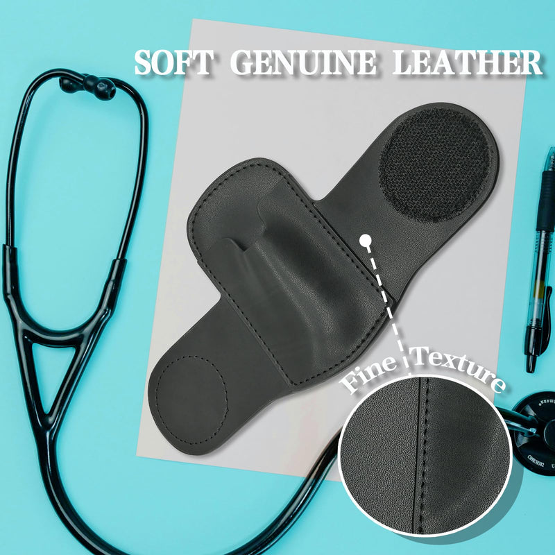 [Australia - AusPower] - Stethoscope Holder with Clip for Scrubs, Upgrade Premium Leather Clip-on Stethoscope Hip Holder Stethoscope Accessories, Black 