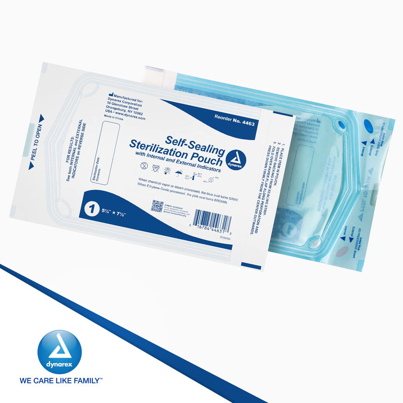 Dynarex Sterilization Pouches - Self-Sealing Autoclave Bags for Medical, Dental, Tattoo & Nail Care Tools - Blue-Tinted Transparent Cover, Dual Color Indicators (5.25" x 7.5", 200) 5.25" x 7.5"