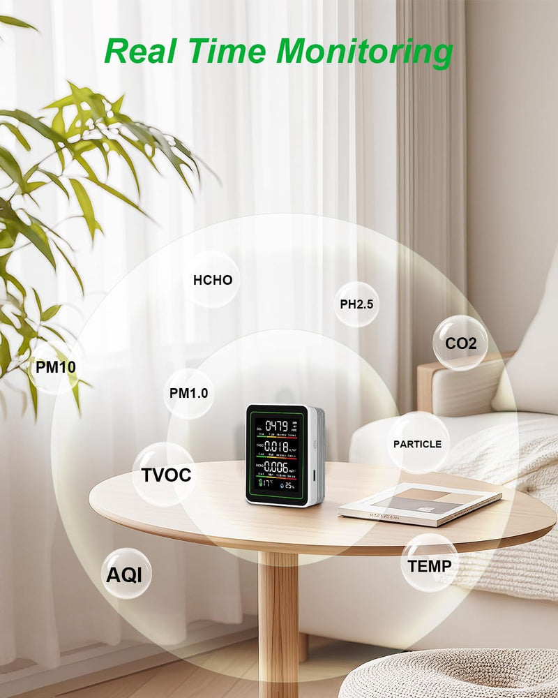 [Australia - AusPower] - Indoor Air Quality Monitor, 5 in 1 Portable Smartair Quality Tester for CO2 | TVOC | HCHO | Temp | Hum for Home Cars Plants and Pets So On White 