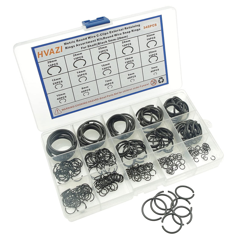 [Australia - AusPower] - Metric 15-Sizes Round Wire C-Clips External Retaining Rings Assortment Kit;Round Wire Snap Rings for Shaft(Black 5mm-28mm? 