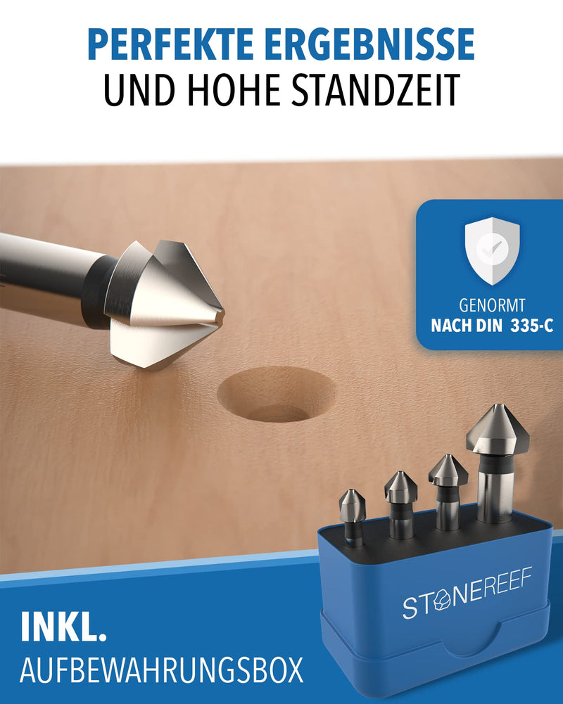 Countersink Set of 4 HSS Countersink Metal Wood Deburring with Box | 4 sizes from 6.3 to 16.5 mm cover common screw heads 6,3 + 8,3 + 10,5 + 16,5 mm