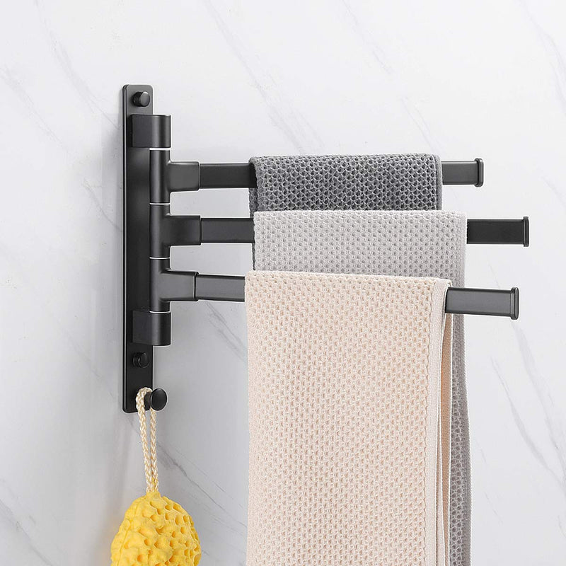 Swivel Hand Towel Bar Bathroom Swing Hanger Towel Rack Holder Matte Black Finish, Wall Mounted, 3-Arm