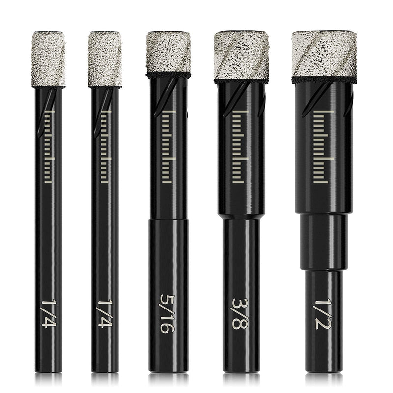 [Australia - AusPower] - Dry Diamond Drill Bits Set, 5 Pcs Tile Drill Bits for Porcelain, Ceramic, Granite, Marble, Stone, Glass Hard Materials, Round Shank 1/4", 5/16", 3/8", 1/2" Drill Bits, with Storage Case 5 Pcs Diamond Bits 