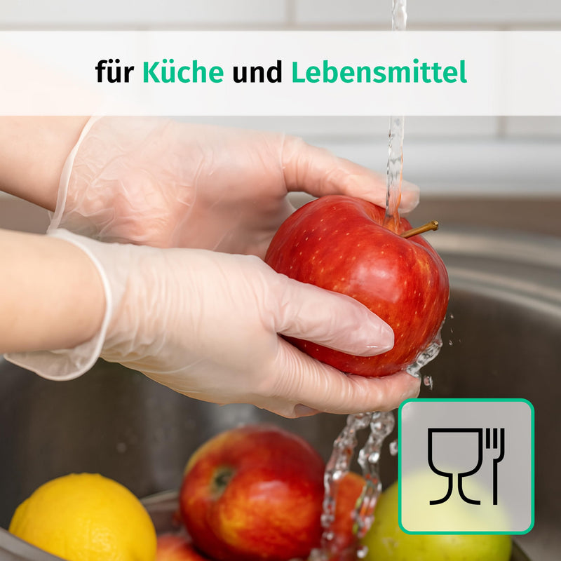 Vinyl Gloves Box of 100, Disposable Examination Gloves, Powder-Free Vinyl Gloves, Latex-Free, Non-Sterile, Medium, Transparent | Latexfreie Einweghandschuhe für Pflege, Untersuchung, Reinigung, Küche, Kosmetik und Haushalt; für Gewerbe und Alltag