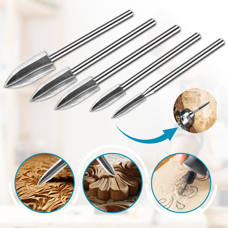 [Australia - AusPower] - Tczecoo Pack of 5 Wood Carving Tools, HSS Engraving Tool, Engraving Drill Wood with 3 mm Shank, Wood Carving Tool Milling Cutter Accessories, Wood Carving Tool for Rotary Tools, Wood Carving Drilling silver 