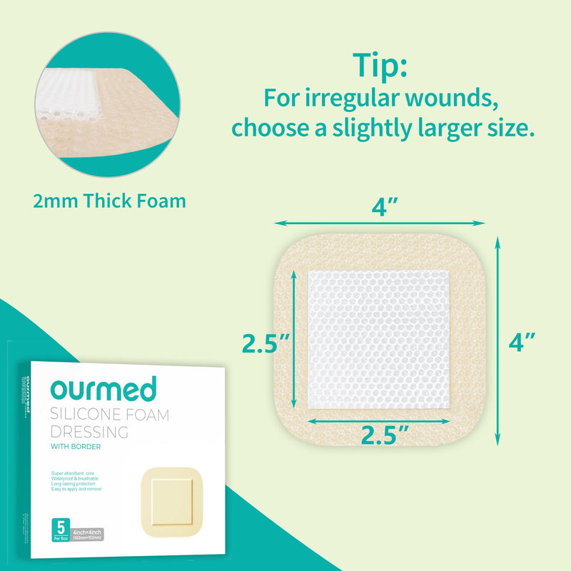 [Australia - AusPower] - Silicone Foam Dressing with Border Adhesive - Large Absorbent Waterproof Bandage for Wound Care, Foot Diabetic Ulcer, Leg Ulcer, 4" x 4", 5 Pack, FSA HSA Eligible 4 x 4 Inch (5PCS) 
