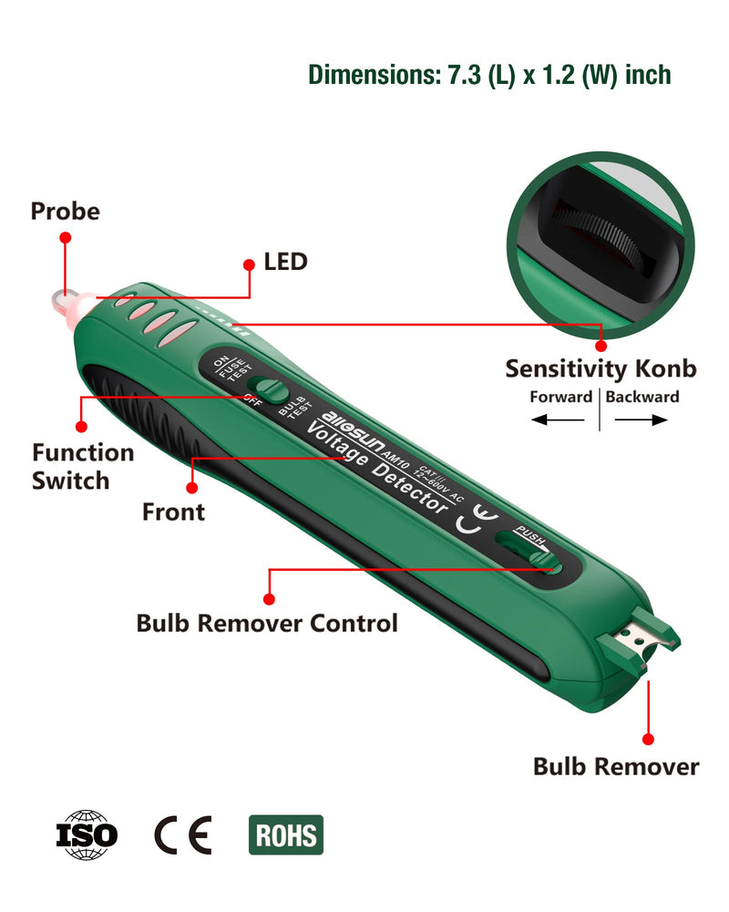 [Australia - AusPower] - ALLOSUN Christmas Light Tester Non Contact Voltage Tester with Fuse Tester & Bulb Remover, AC Voltage Detector 12V-600V, Stepless Sensitivity Control Christmas Light Bulb Tester, Green 