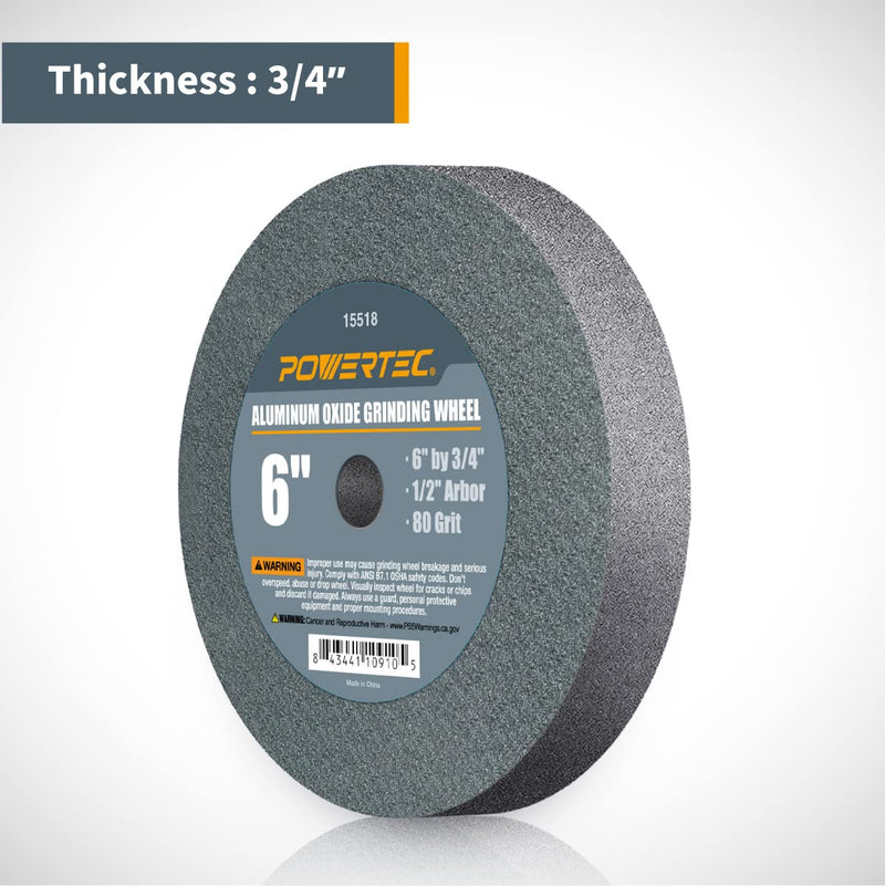 [Australia - AusPower] - POWERTEC 15518 Bench and Pedestal Grinding Wheels, 6 Inch x 3/4 Inch, 1/2 Arbor, 80 Grit, Aluminum Oxide Bench Grinder Wheel for Bench Grinder, 1 Pack 80 Grit, 1PK 6" Grinding Wheels 