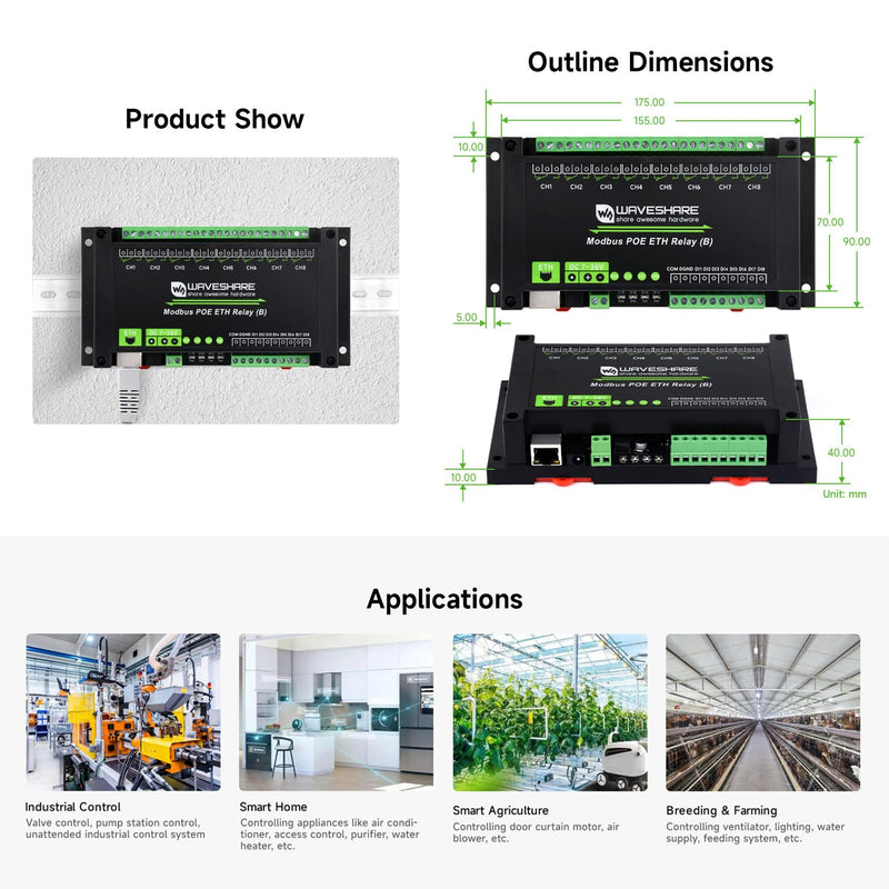 Waveshare 8-Ch Ethernet Relay Module (B) with Digital Input, Modbus RTU/Modbus Protocol, PoE Port Communication, with Various Isolation and Protection Circuits, Industrial Grade Rail-Mount Case