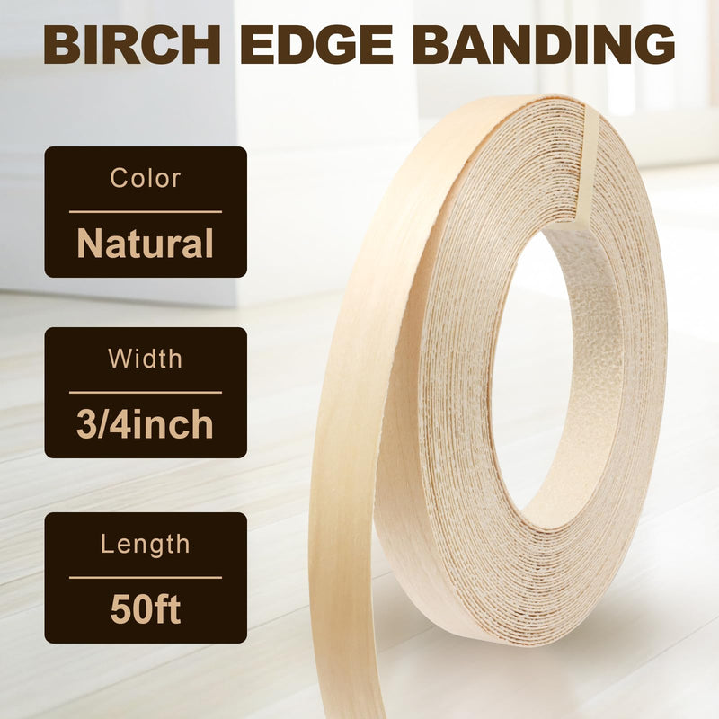 Biaungdo Birch Edge Banding 3/4 Inch x 50ft, Wood Veneer Roll Tape Banding Pre-Glued, Iron-on Veneer Edging Band Strips for Cabinet, Furniture Restoration