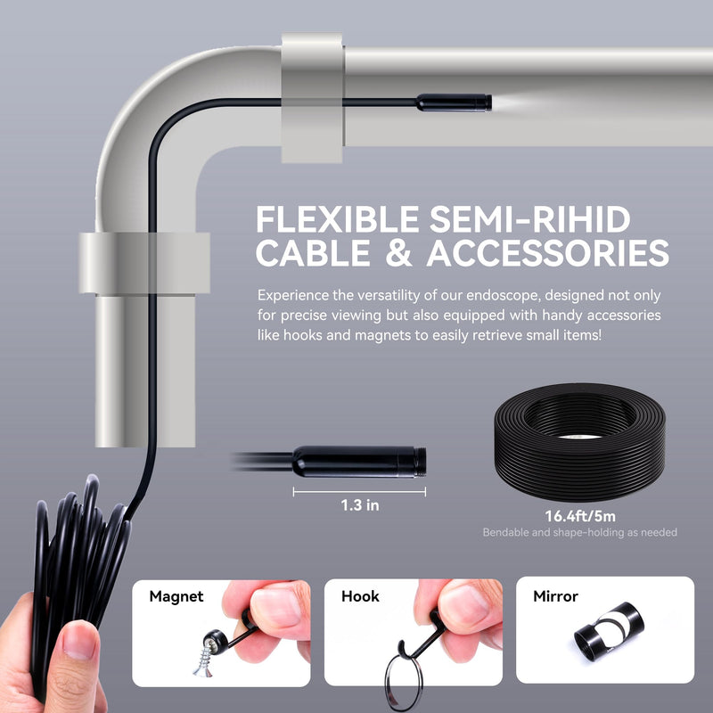 [Australia - AusPower] - 4.3" HD Endoscope Camera, IP67 Waterproof Inspection Borescope, 1080P Snake Camera with 8 LED Lights, 16.4FT Semi-Rigid Cable, Digital Sewer Camera for Home & Industrial Use 4.3" Single Len 