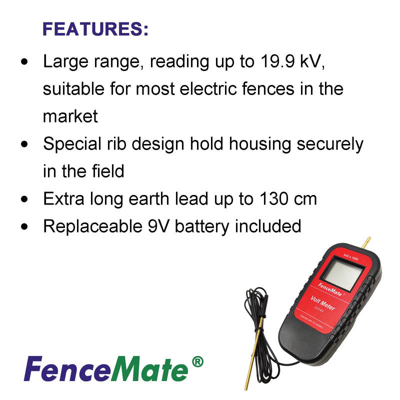 [Australia - AusPower] - Digital Volt Meter for Electric Fence, Range up to 19,900 V (19.9 kV), Fence Voltage Tester with Large LCD Display, Automatic On/Off, Grounding & 9V Battery Included 