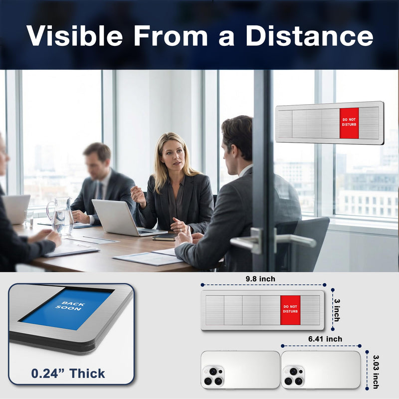 Office Door Signs - 2 Pack: Do Not Disturb, In A Meeting, Out Of Office, Working Remotely, Please Knock, Back Soon - 6 Options Slider Privacy Door Sign for Home Offices & Hybrid Work, Brushed Silver 6 Area-2pk