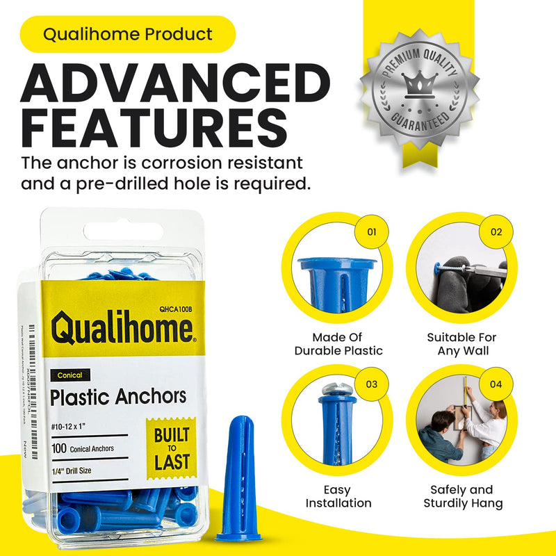 [Australia - AusPower] - Plastic Wall Conical Anchors for use in Drywall, Hollow Walls and Concrete, Brick, or Masonry 10-12 X 1-Inch, 100-Pack 1 Inch 