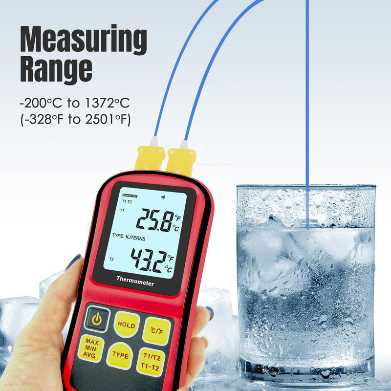 [Australia - AusPower] - Digital K Type Thermocouple Thermometer, Dual Channel Thermometer with Two K Type Thermocouples Probes LCD Display Temperature Tester for K/J/T/E/R/S/N Type(-238~3212°F) 