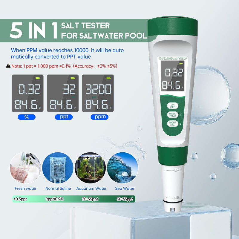 [Australia - AusPower] - Salt Tester for Saltwater Pool & pH Meter,5 in 1 Digital Water Tester for Salinity,Temp,EC,TDS Meter for Pool Salt Tester,Hot Tubs & Spas,Hydroponics,Aquarium,Accurate & Reliable,Green 5 in 1 Tester Green 