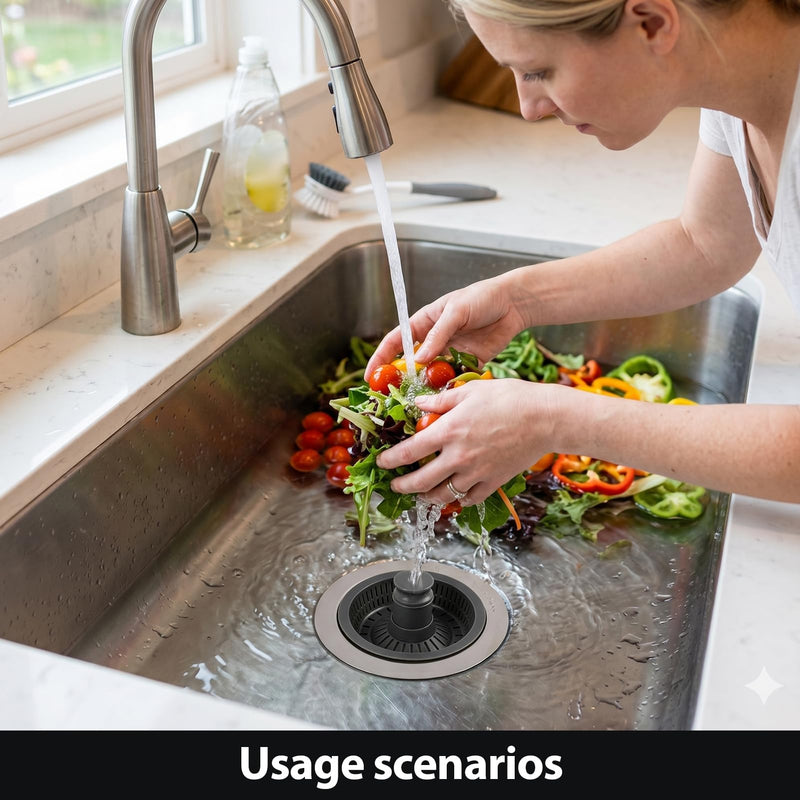 Stainless Steel Kitchen Sink Strainer Basket with Click Plug, 304 Stainless Steel Sink Drain Strainer with ABS Draining Basket and Plastic Lifter, Universal Drain Filter and Plug for Sink