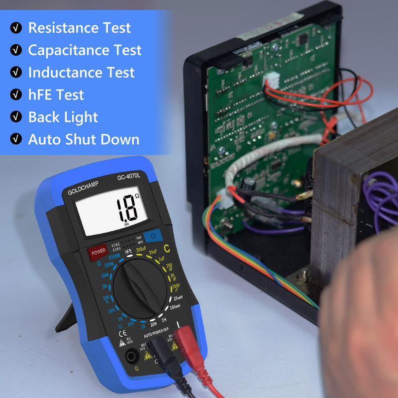 Capacitor Tester 2000pF~200uF, 200~2000M0 0hm Multimeter Capacitance Meter, LCR Meter, hFE Test Multimeter, Manual Range, Backlight, Auto Power Off, Testing Meter Tool GC-4070L 2 Packs