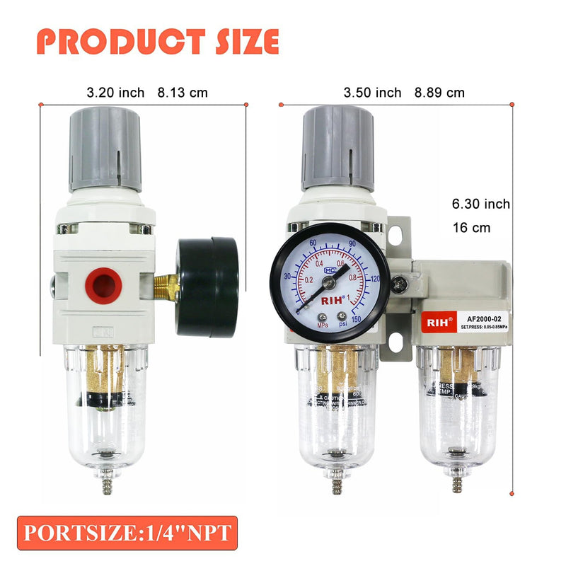 [Australia - AusPower] - RIH Air Dryer System -1/4" NPT Double Air Filters-5 Micron Particulate Filter& Air Pressure Regulator - Gauge(0-150 psi), Semi-Auto Drain, Poly Bowl,Bracket - 3 in 1 Two Unit (1/4" NPT) 1/4" NPT 