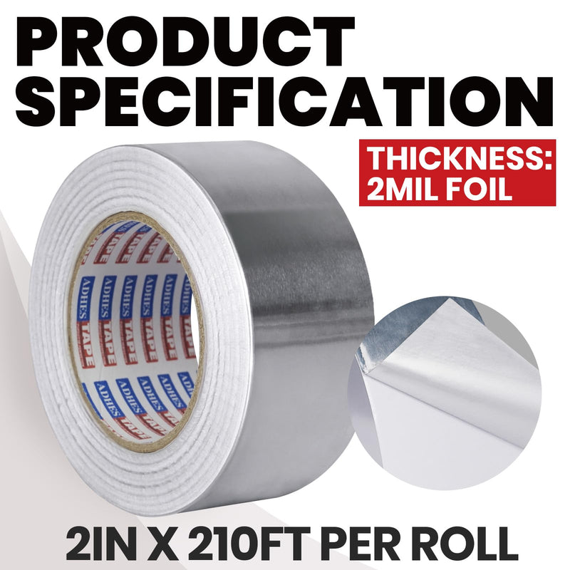 ADHES Heavy Duty Aluminum Foil Tape 2 Inch x 210 Feet(70 Yards) – Heat Resistant & Waterproof Silver Duct Tape – High-Temperature HVAC Tape for Ductwork, Sealing, Insulation, and Repairs 2in x 70yd