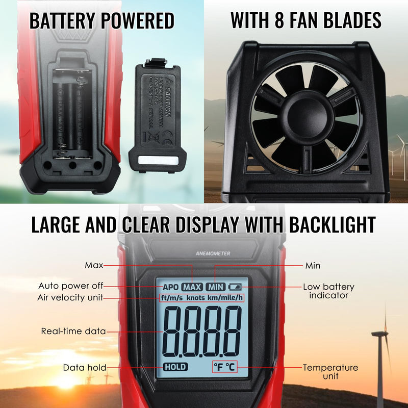 [Australia - AusPower] - Digital Anemometer Handheld Wind Speed Meter – Measures Wind Speed in m/s, km/h, ft/min, mph, Knots & Air Temperature – Max/Min, Data Hold, Backlit Display – for HVAC, Sailing, Weather, Drone Flying 