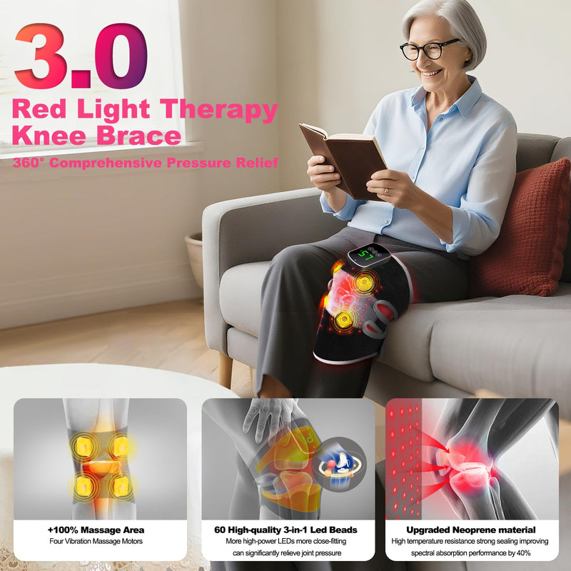 3-in-1 Red Light Therapy Knee Brace with 4 Vibration Massage Areas, 5000mAh Rechargeable Heated Knee Massager, 660nm&850nm Infrared Light Therapy Heated Device for Knee Elbow Shoulder Pain Relief Black