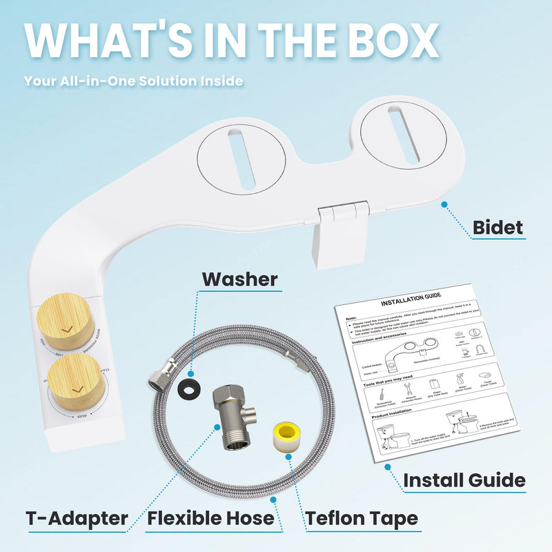 Toilet Bidet With Left/Right Side Reversible Design, Fresh Water, Non-Electric, Toilet Bidet Attachment, Right/Left Hand Side with Dual Nozzle, Self-Clean, Easy to Install (Bamboo Knob) Bamboo Knob
