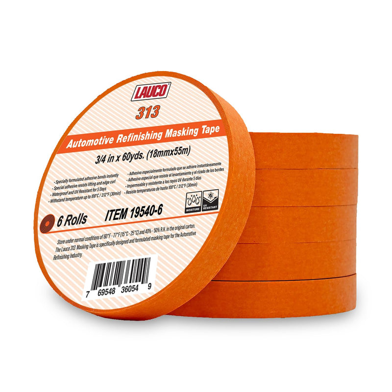 LAUCO Orange Automotive Refinishing Masking Tape – Autobody Painter’s Tape, Moisture, UV & Heat Resistant, No Residue – Multi-Purpose Masking Tape for Auto Repair (0.75 in, Pack of 6 Rolls) 0.75 in (6 Rolls)