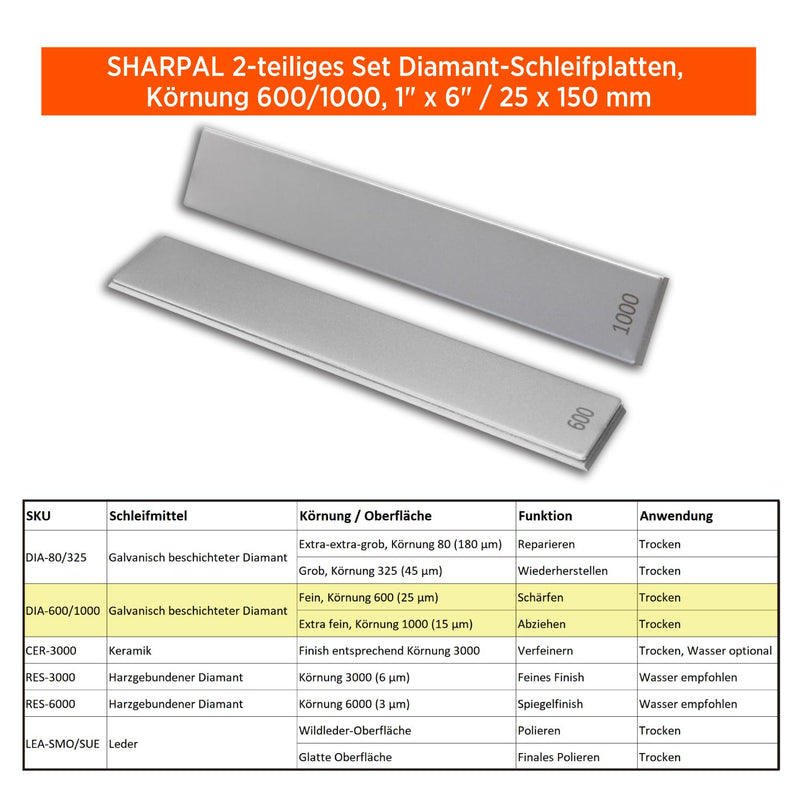 SHARPAL Diamond Plates 600/1000 Grit 1 x 6 Inch / 150 x 25 mm Set of 2 | 25/15 micron electroplated monocrystalline diamonds for sharpening, honing and even grit Diamond 600 & 1000 Grit