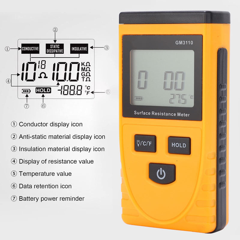 [Australia - AusPower] - Surface Resistance Meter,GM3110 Anti?Static Surface Resistance Tester with High?Definition LCD Backlight Digital Display,High-Precision Handheld Earth Insulation Resistance Tester, surface resist 