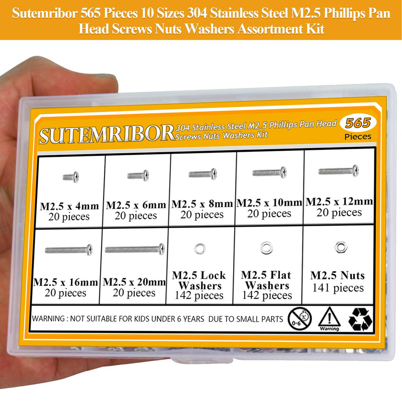 [Australia - AusPower] - 565 Pieces M2.5 Machine Screws Nuts Washers Set, Sutemribor M2.5 x 4/6/8/10/12/16/20mm Phillips Pan Head Machine Screws Nuts Washers Assortment Kit, 304 Stainless Steel, Fully Threaded 