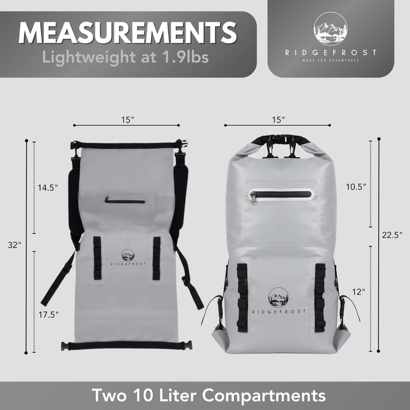 Ridgefrost 20L Dry Bag | Waterproof w/2 Compartments | Dry Bag for Beach & More | Lightweight Roll-Top & Roll-Bottom backpack Light Grey