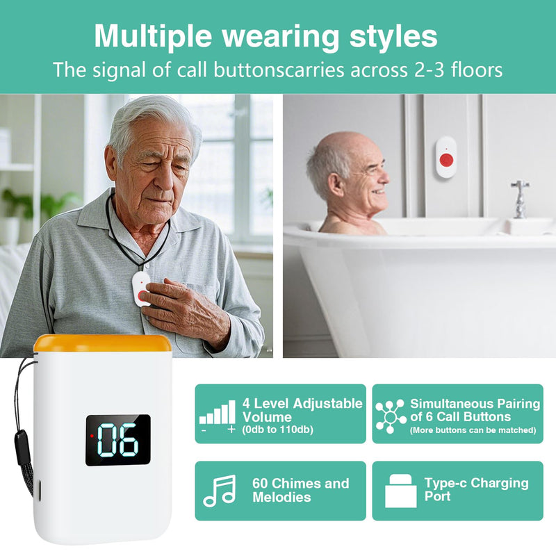 [Australia - AusPower] - Caregiver Pager Wireless Call Button for Elderly Monitoring Vibration Call Bell Medical Alert System with Digital Display for Elderly (6 Call Buttons + 1 receivers) 6 call buttons + 1 receivers 