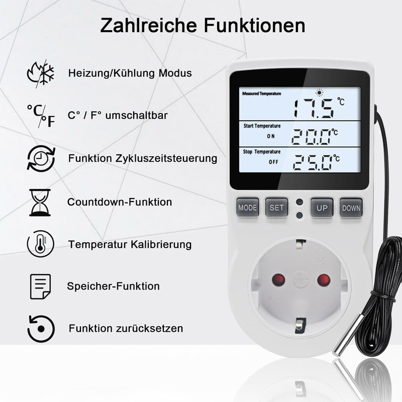 [Australia - AusPower] - KETOTEK Digital Temperature Controller Thermostat Socket 230 V with 3 m Sensor, Sockets Thermostat Heating Cooling Temperature Controlled for Greenhouse Incubator Refrigerator, Backlight KT3100BL with Backlit 